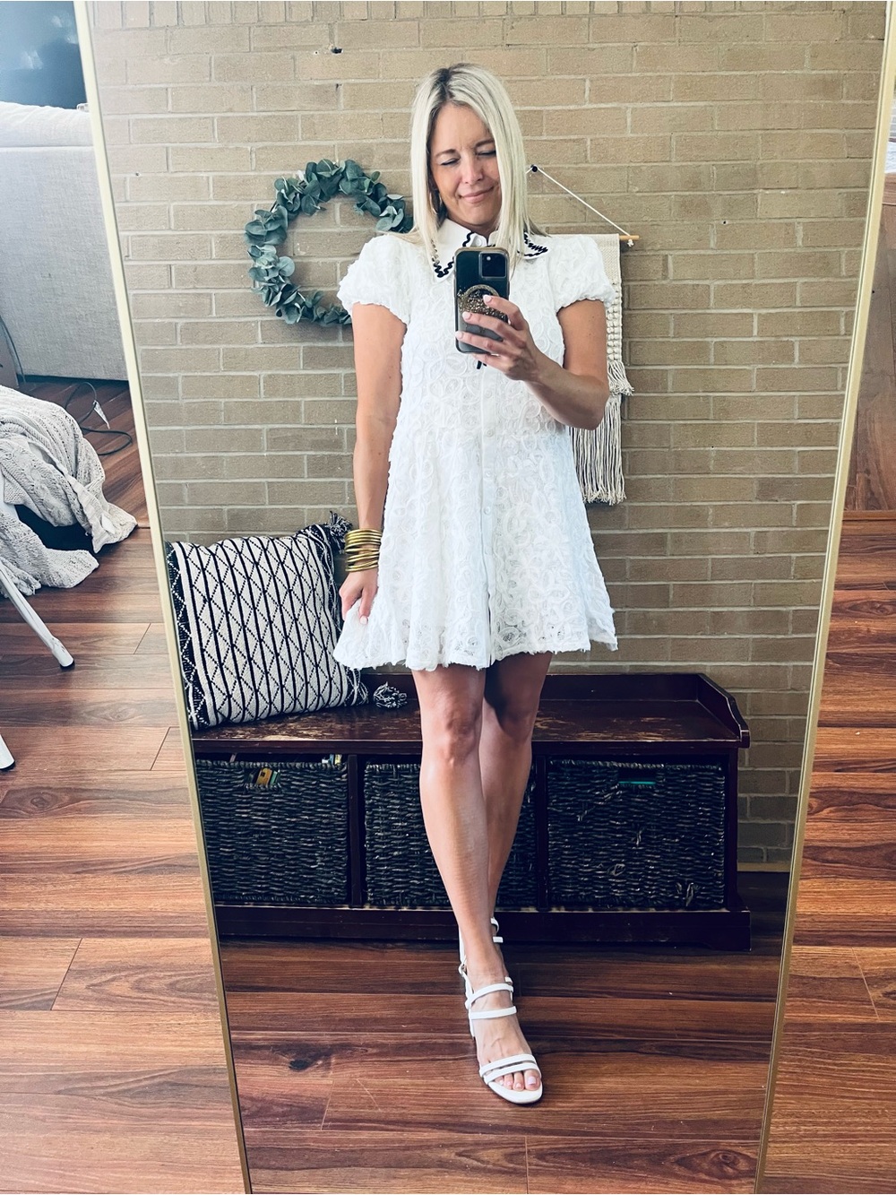 White Lace Dress with Contrast Trim Collar